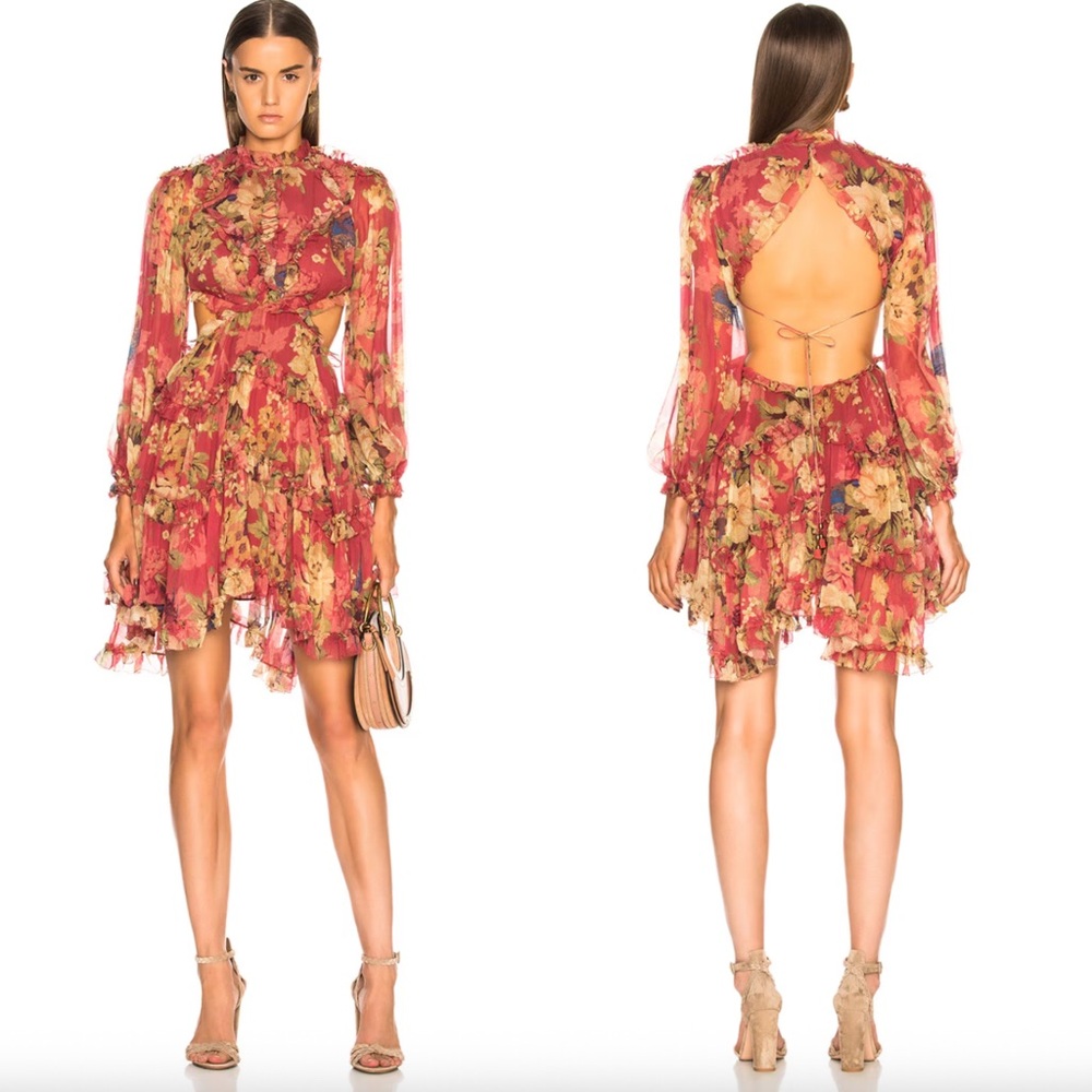 Zimmermann 100% Silk Floral Lace Up Ruffle Cut Out Dress Size 0